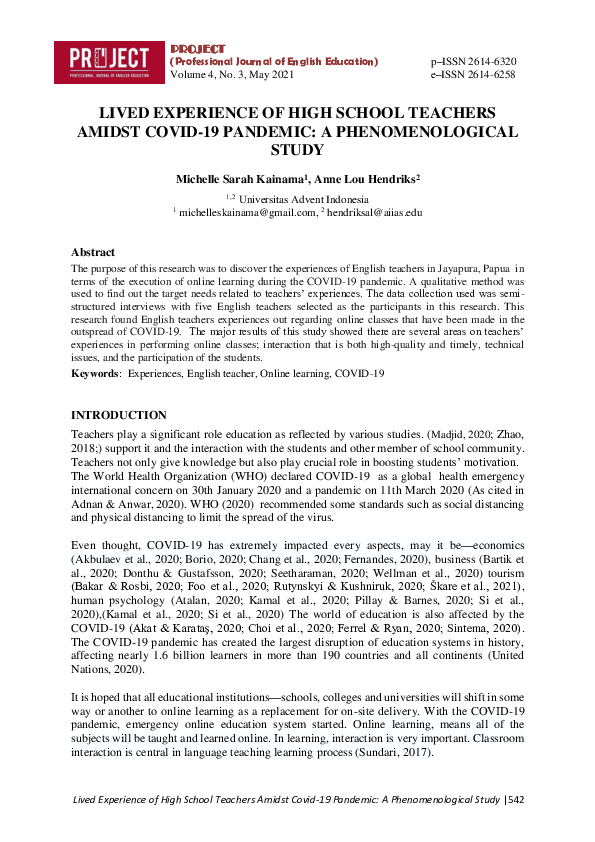 (PDF) Lived Experience of High School Teachers Amidst COVID-19 Pandemic ...