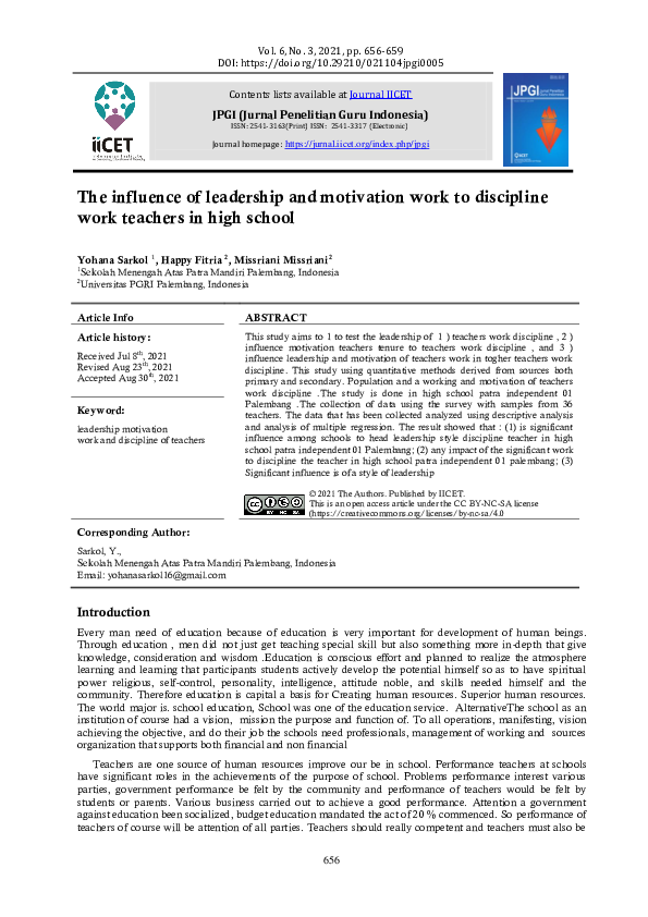 (PDF) The influence of leadership and motivation work to discipline ...