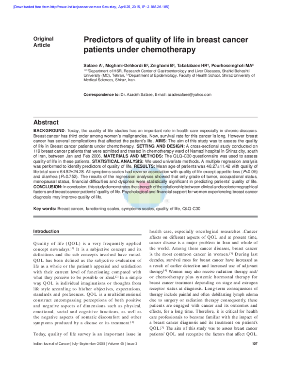 (PDF) Predictors of quality of life in breast cancer patients under ...
