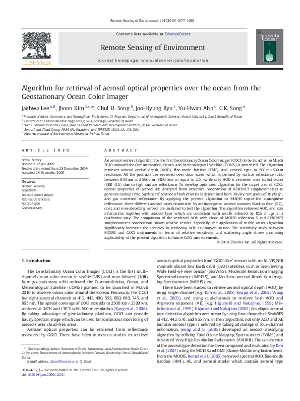 (PDF) Algorithm for retrieval of aerosol optical properties over the ...