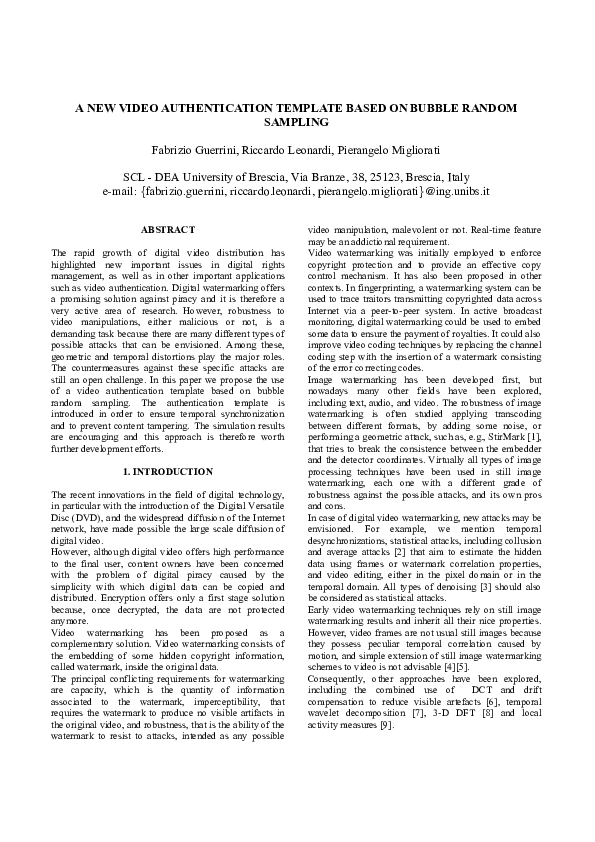(PDF) A New Video Authentication Template Based on Bubble Random Sampling