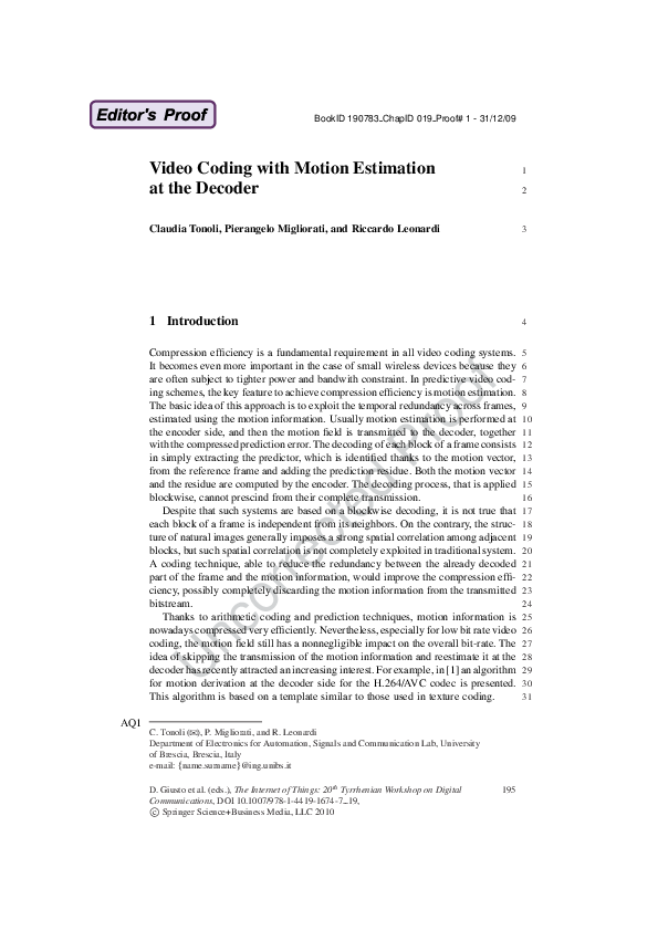 (PDF) Video Coding with Motion Estimation at the Decoder