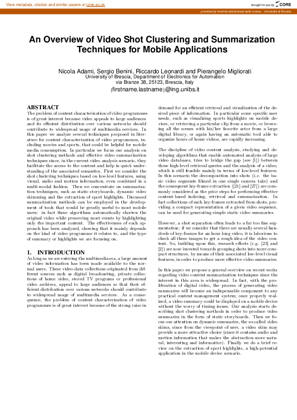 (PDF) An overview of video shot clustering and summarization techniques ...