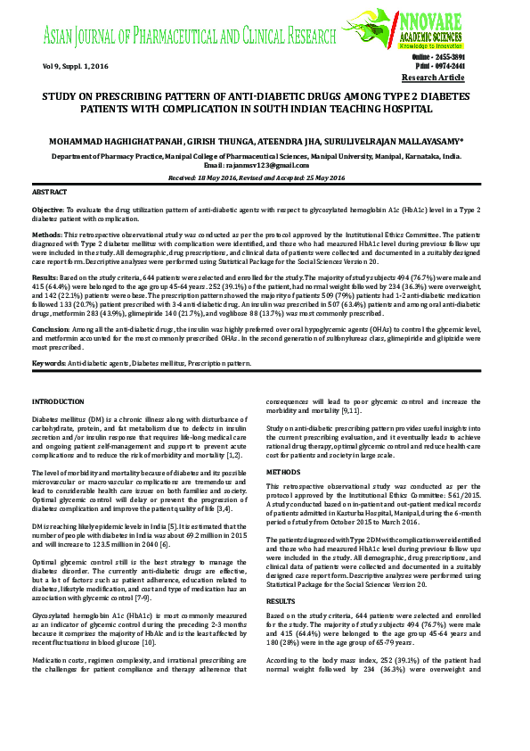 (PDF) A STUDY ON THE PRESCRIBING PATTERN OF ANTI-DIABETIC DRUGS IN A ...