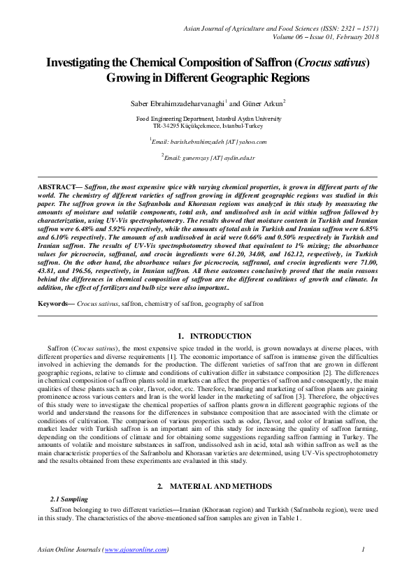 (PDF) Investigating the Chemical Composition of Saffron ( Crocus sativus ) Growing in Different