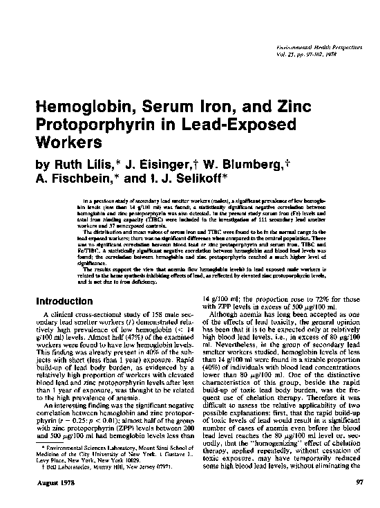 (PDF) Hemoglobin, Serum Iron, and Zinc Protoporphyrin in LeadExposed Workers Josef Eisinger