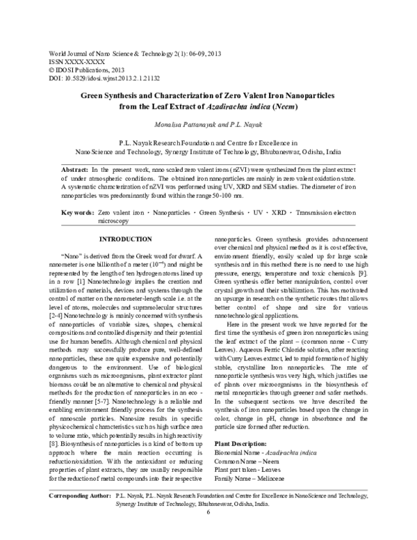 (PDF) Green Synthesis and Characterization of Zero Valent Iron ...