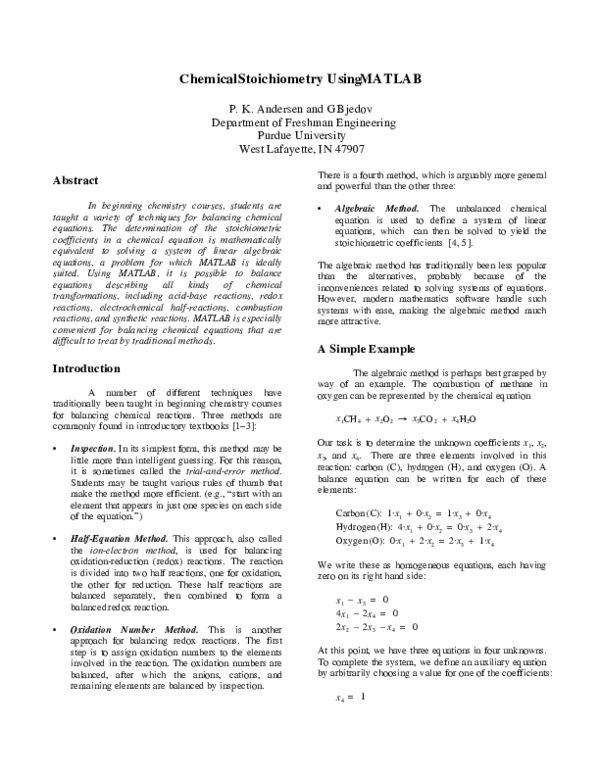 (PDF) Chemical stoichiometry using MATLAB peter anderson Academia.edu