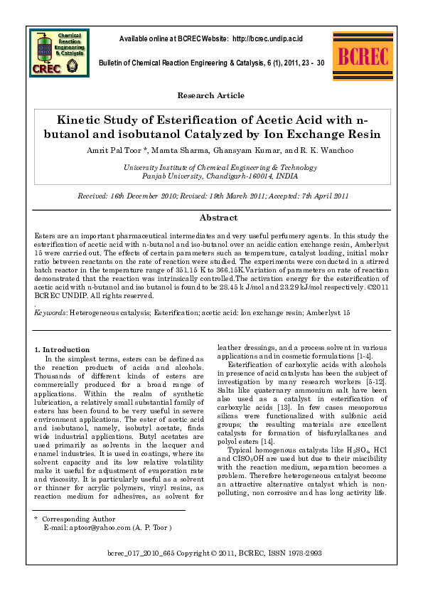 (PDF) Kinetic Study of Esterification of Acetic Acid with n-butanol and ...