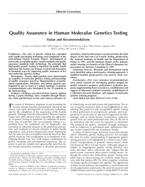 (PDF) Quality assurance in human molecular genetics testing: status and ...