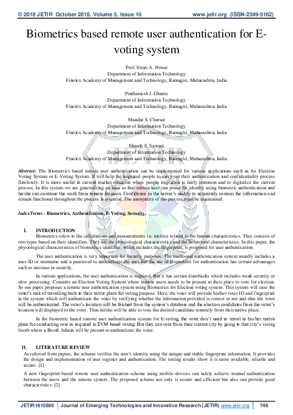 (PDF) Biometrics based remote user authentication for E- voting system