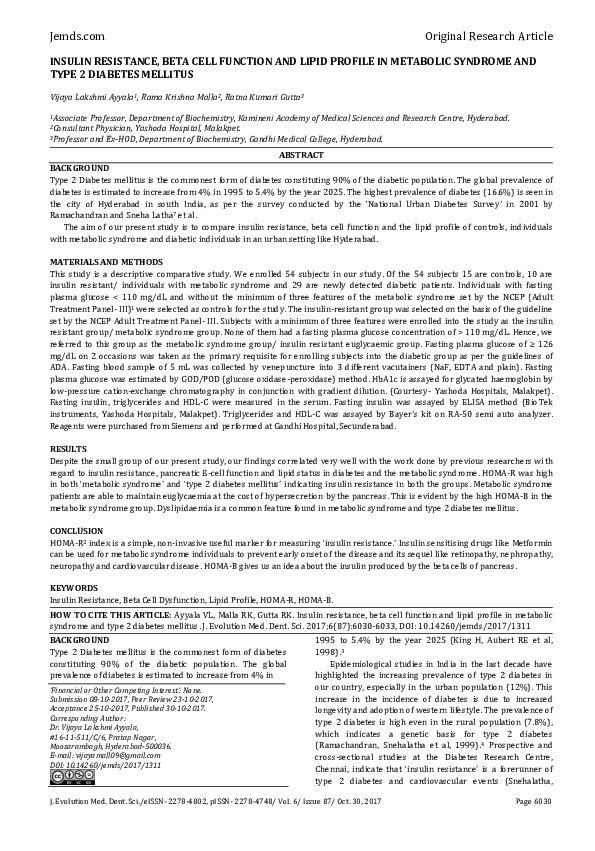 (PDF) Insulin Resistance, Beta Cell Function and Lipid Profile in ...