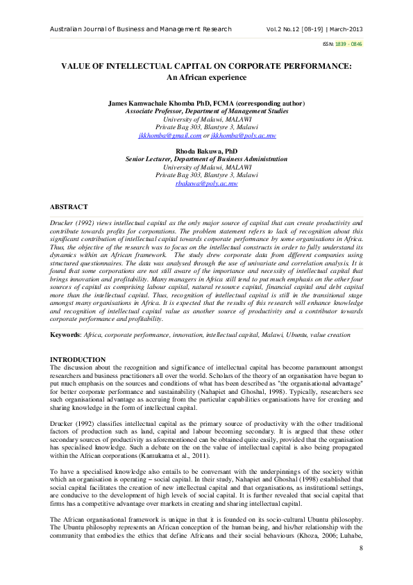 (PDF) Value of Intellectual Capital on Corporate