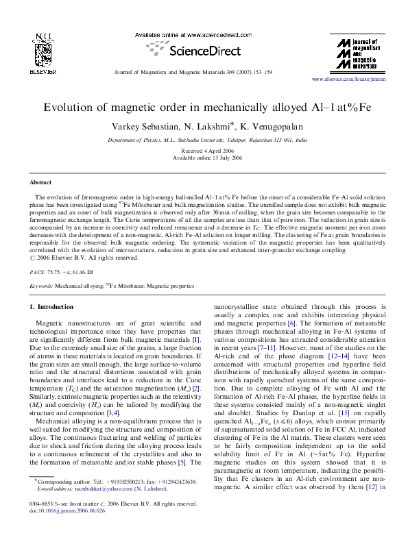 (PDF) Evolution of magnetic order in mechanically alloyed Al–1at%Fe
