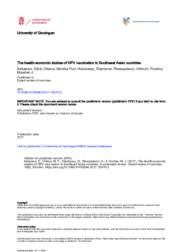 (PDF) The health-economic studies of HPV vaccination in Southeast Asian ...