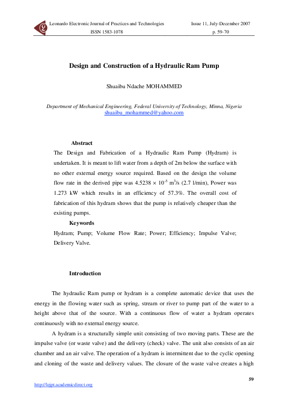 (PDF) Design and Construction of a Hydraulic Ram Pump Shuaibu