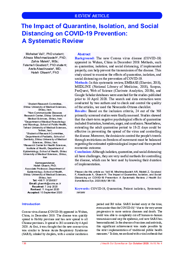 (PDF) The Impact of Quarantine, Isolation, and Social Distancing on ...
