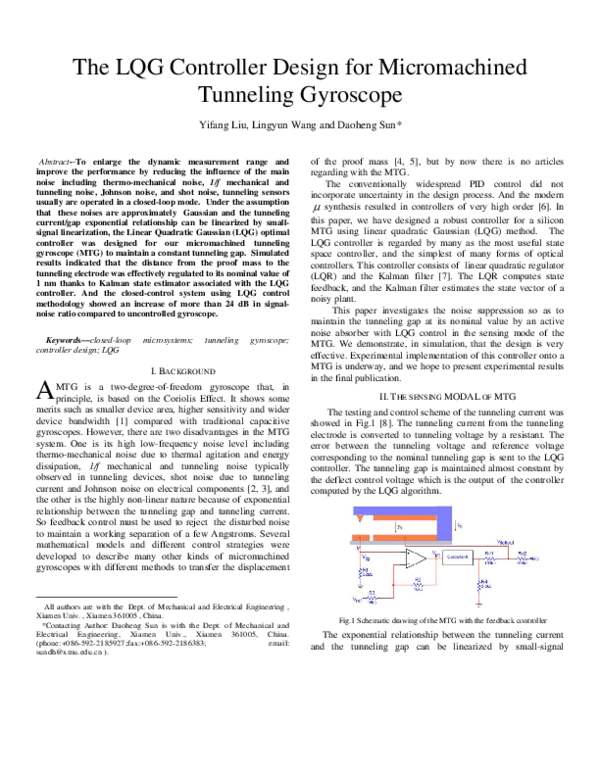 (PDF) The LQG controller design for micromachined tunneling gyroscope
