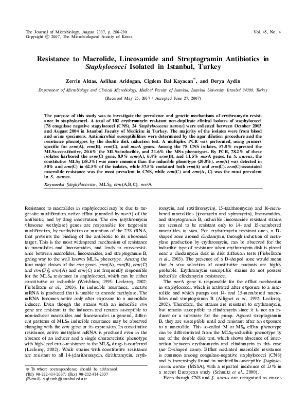 (PDF) Resistance to macrolide, lincosamide and streptogramin ...