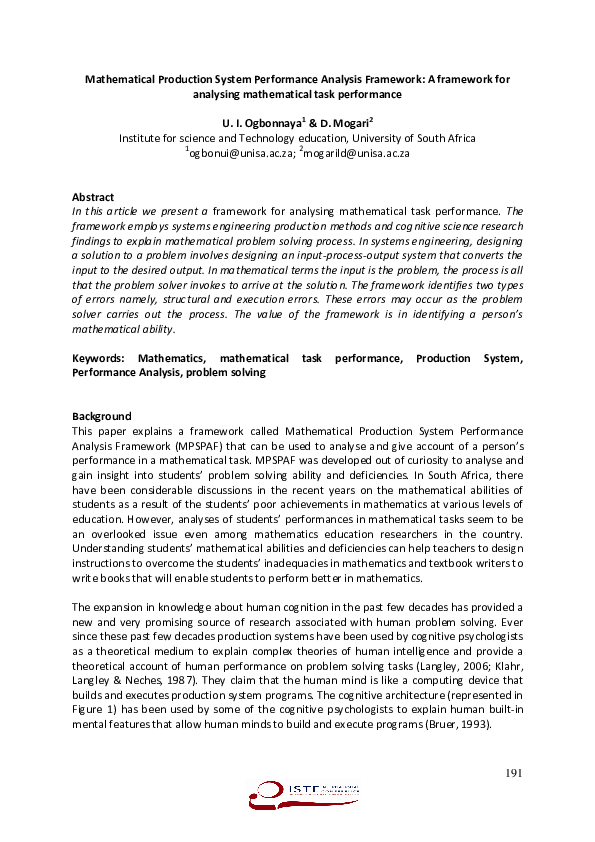(PDF) Mathematical Production System Performance Analysis Framework: A ...