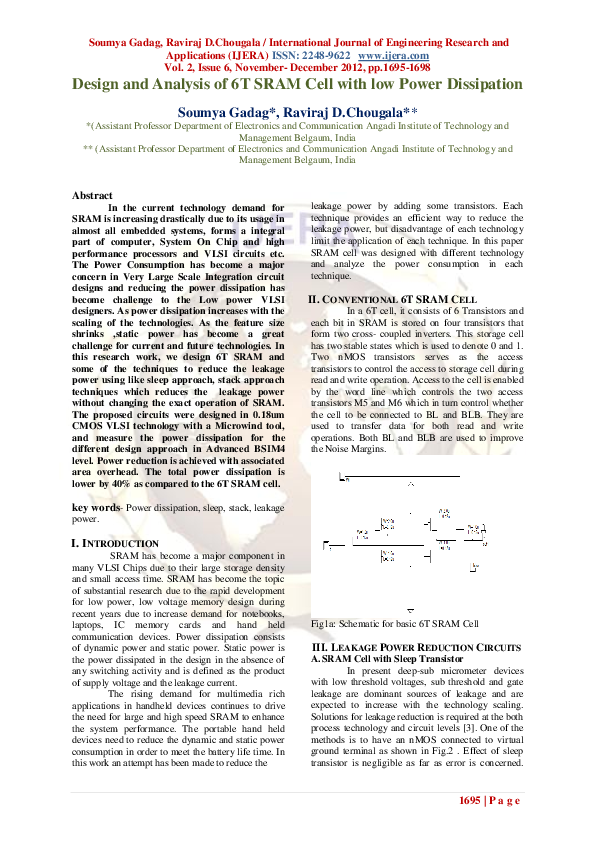 (PDF) Design and Analysis of 6 T SRAM Cell with low Power Dissipation