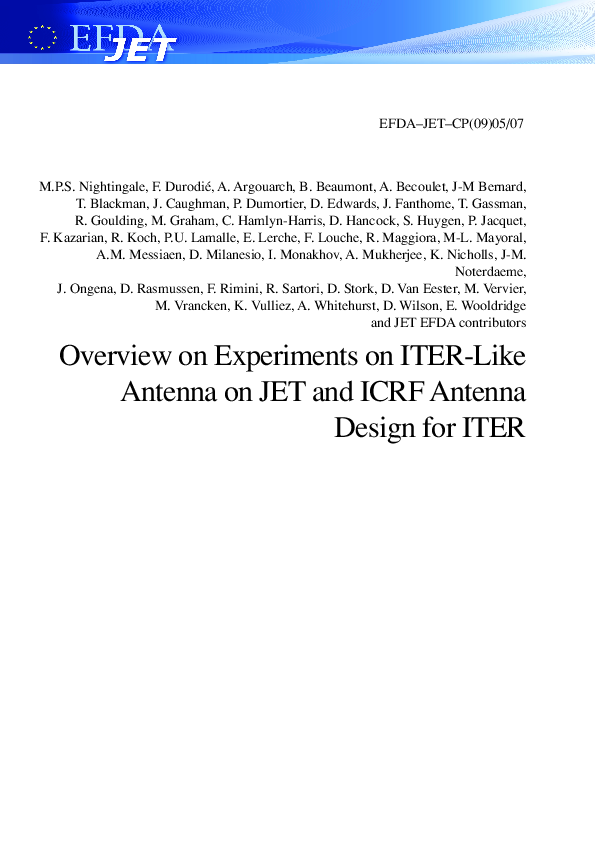 (PDF) Overview on Experiments On ITER‐like Antenna On JET And ICRF ...