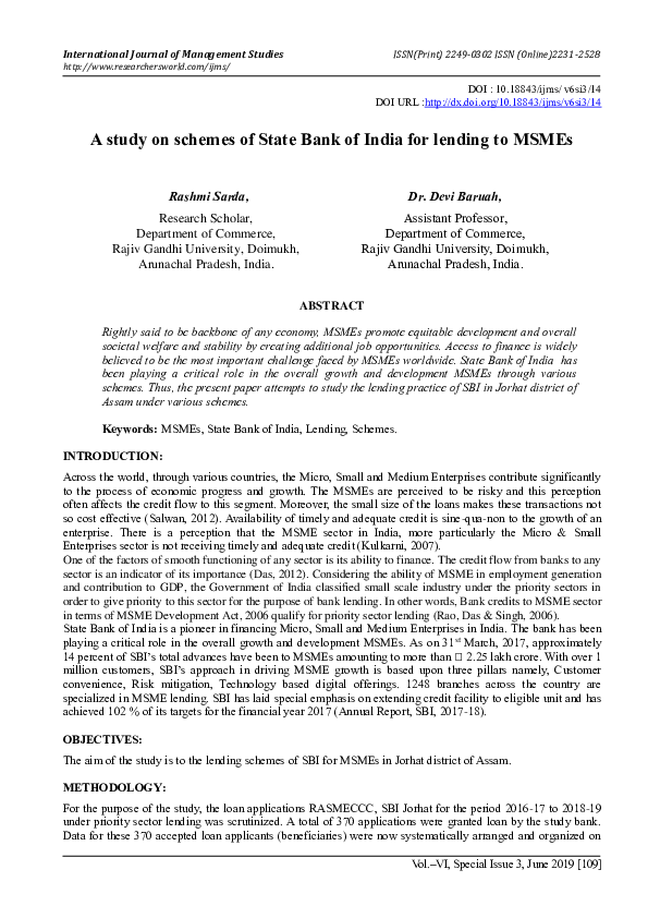 (PDF) A study on schemes of State Bank of India for lending to MSMEs