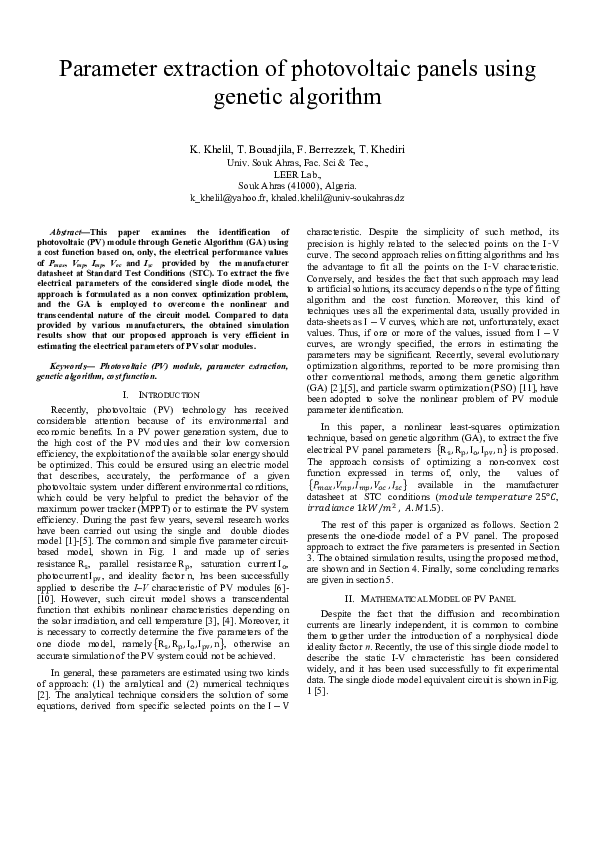 (PDF) Parameter extraction of photovoltaic panels using genetic algorithm