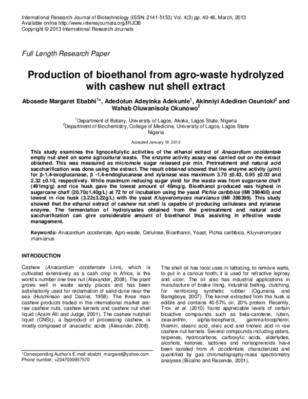 (PDF) Production of bioethanol from agro-waste hydrolyzed with cashew ...
