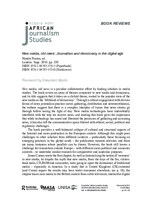 (PDF) New media, old news: Journalism and democracy in the digital age