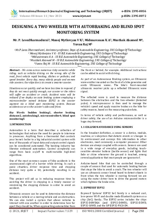 (PDF) IRJET- DESIGNING A TWO WHEELER WITH AUTOBRAKING AND BLIND SPOT ...