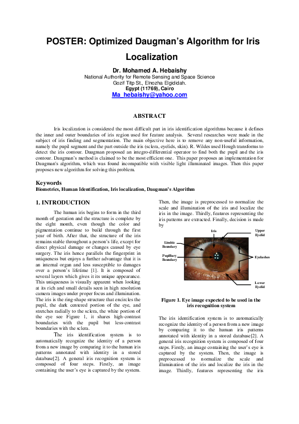 (PDF) Optimized Daugman ’ s Algorithm for Iris Localization