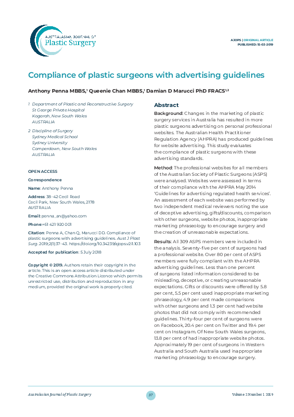 (PDF) Compliance of plastic surgeons with advertising guidelines