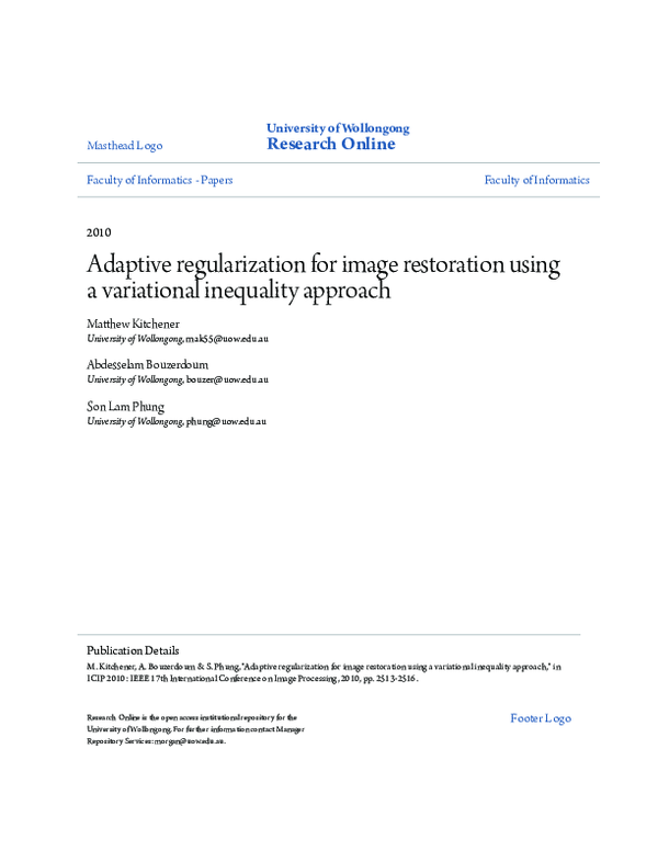(PDF) Adaptive regularization for image restoration using a variational ...