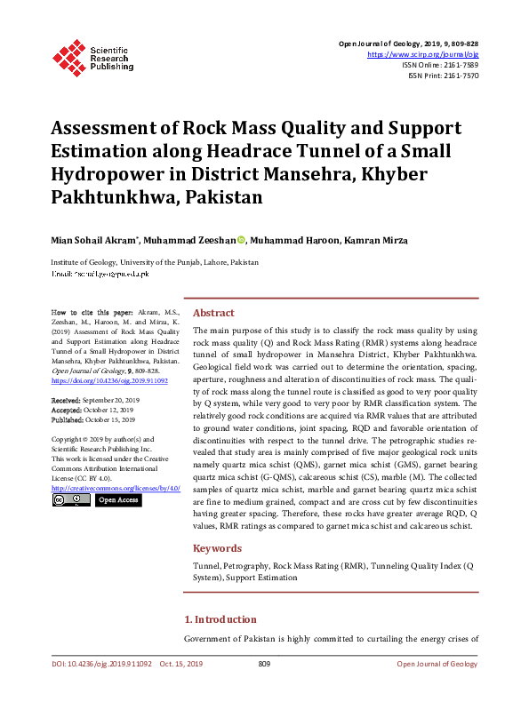 (PDF) Assessment of Rock Mass Quality and Support Estimation along ...