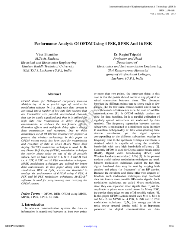 (PDF) Performance Analysis Of OFDM Using 4 PSK, 8 PSK And 16 PSK