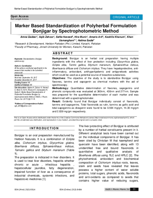 (PDF) Marker Based Standardization of Polyherbal Formulation Bonjigar ...