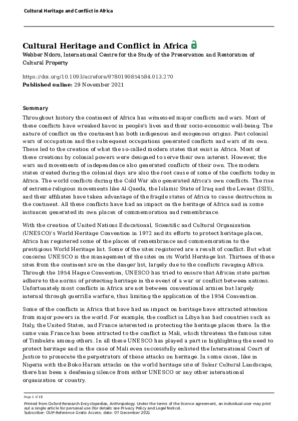 (PDF) Cultural Heritage and Conflict in Africa