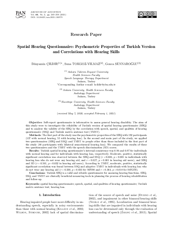 (PDF) Spatial Hearing Questionnaire: Psychometric Properties of Turkish ...