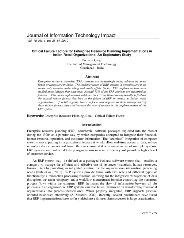 (PDF) Critical Failure Factors for Enterprise Resource Planning ...