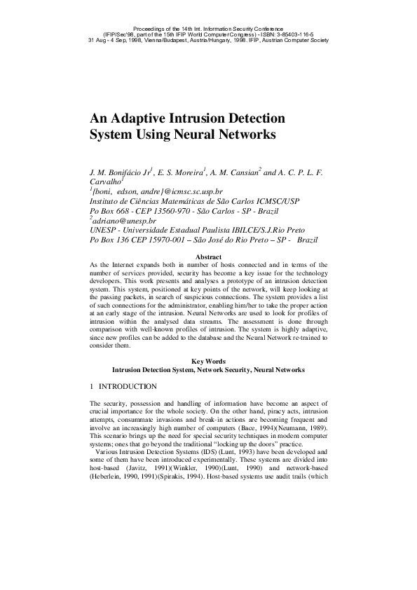 (PDF) An adaptive intrusion detection system using neural networks