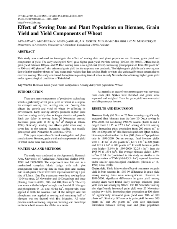 (PDF) Effect of Sowing Date and Plant Population on Biomass, Grain ...