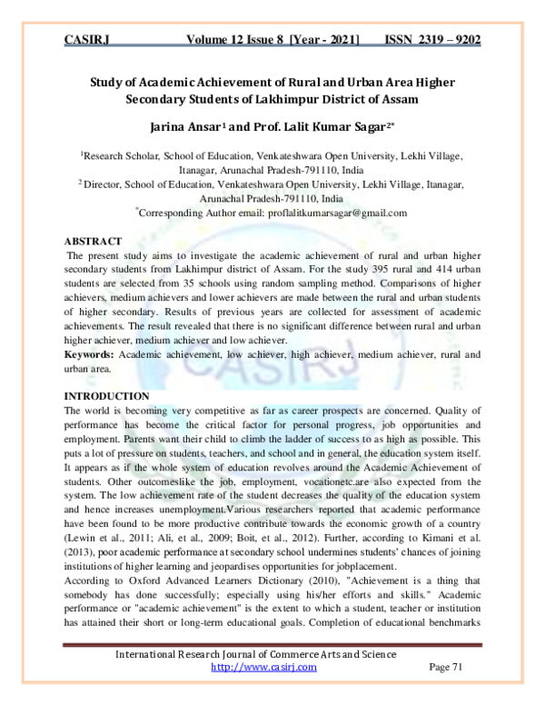 (PDF) Study of Academic Achievement of Rural and Urban Area Higher ...
