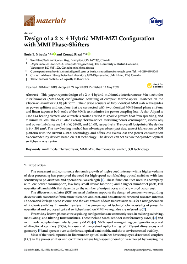 (PDF) Design of a 2 × 4 Hybrid MMI-MZI Configuration with MMI Phase ...