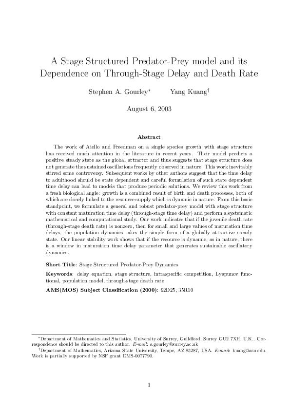 (PDF) A Stage Structured Predator-Prey model and its Dependence on ...
