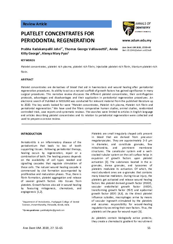(PDF) Platelet concentrates for periodontal regeneration