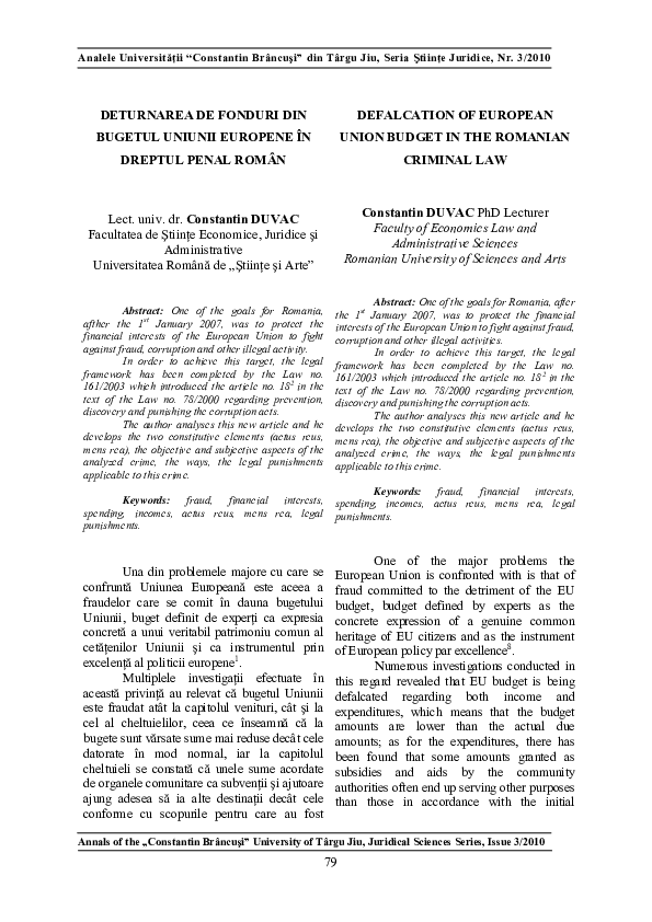 (PDF) Defalcation of European Union Budget in the Romanian Criminal Law