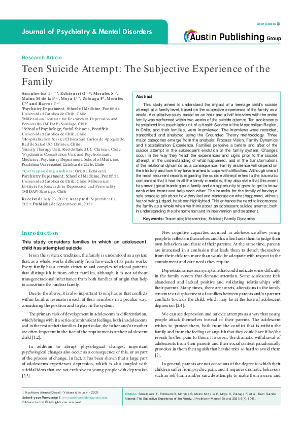(PDF) Teen Suicide Attempt: The Subjective Experience of the Family