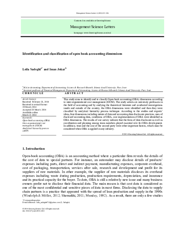 (PDF) Identification and classification of open book accounting dimensions