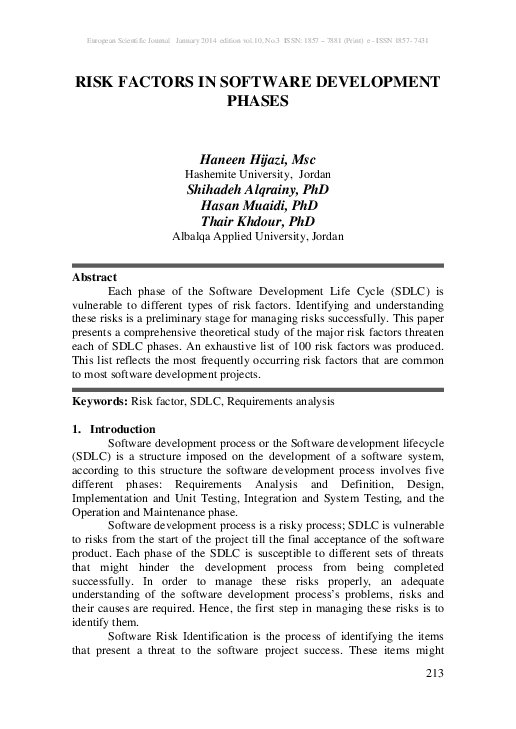 (PDF) Risk Factors in Software Development Phases